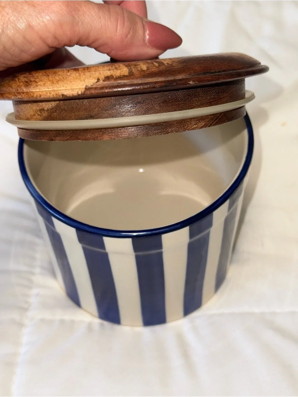Ceramic Blue & White Striped Kitchen Canister with Wooden Lid. 6x5”